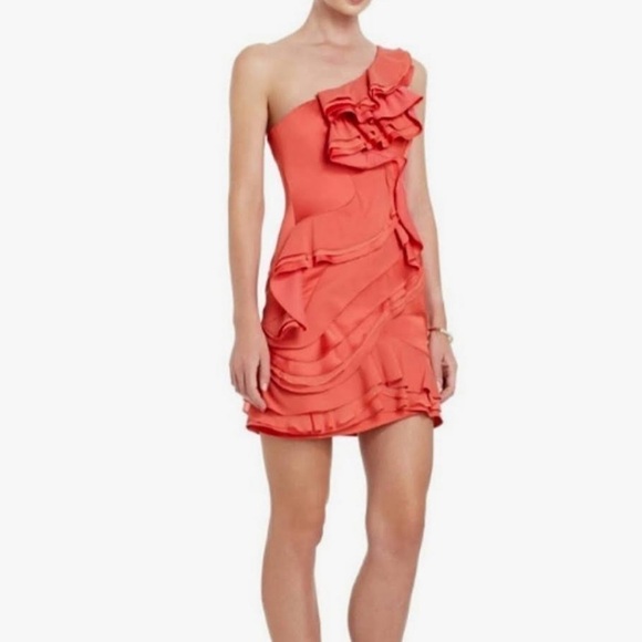 BCBGMaxAzria Jonesy Orange Coral One Shoulder Multi-Ruffle Satin Cocktail Dress - Picture 1 of 5